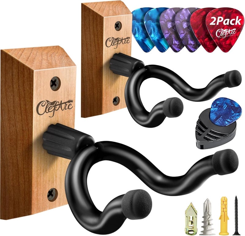 ClefArc Guitar Wall Mount Cherry - 2 Pack U-Shape Guitar Wall Hangers, Guitar Picks, Pick Holder, Guitar Stand Wall, Wood Guitar Hanger, Gifts for Guitarists, with 6 Assorted Guitar Picks - Image 1